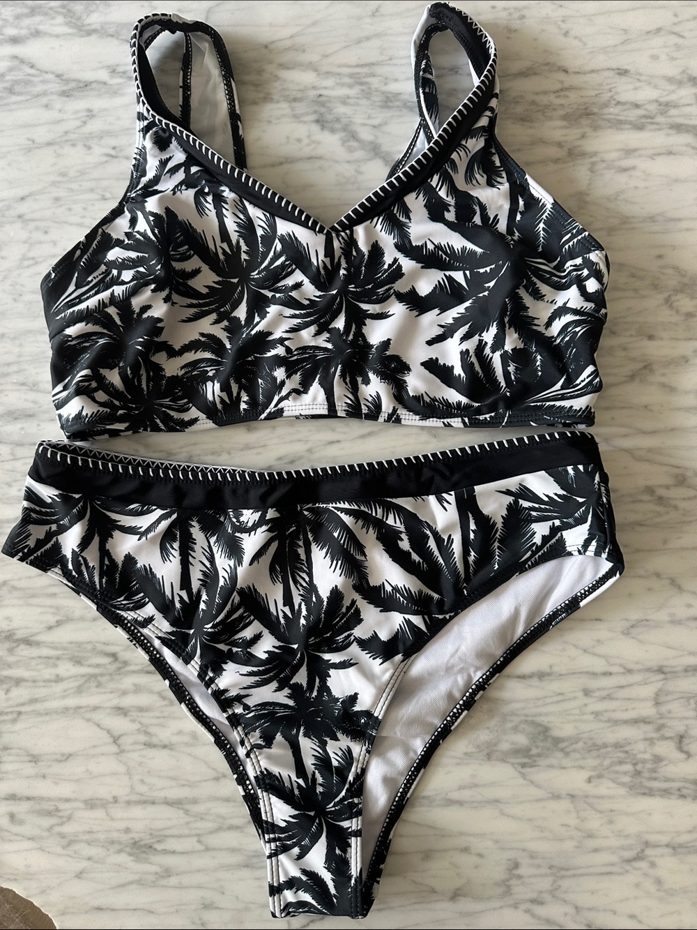SHEIN Black & White Palm-Print Two-Piece Bikini